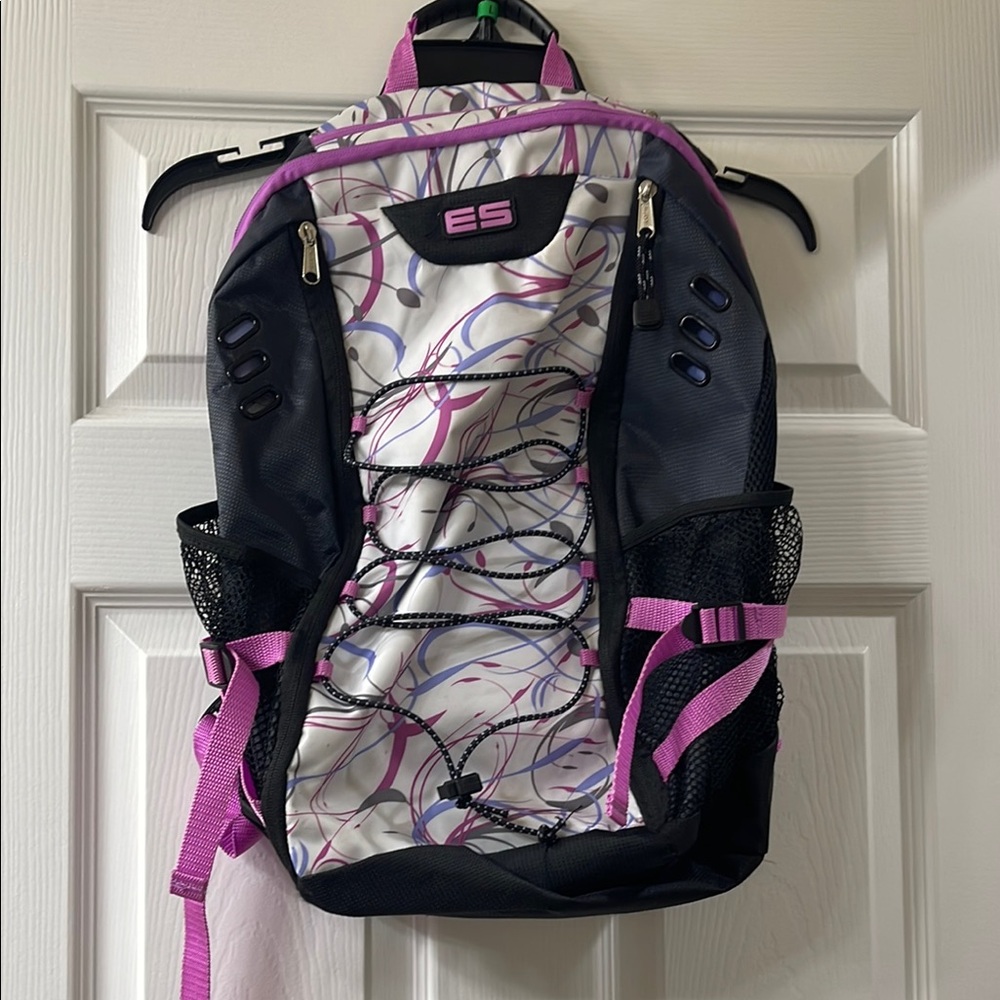 Pink and Black Backpack with Abstract Design